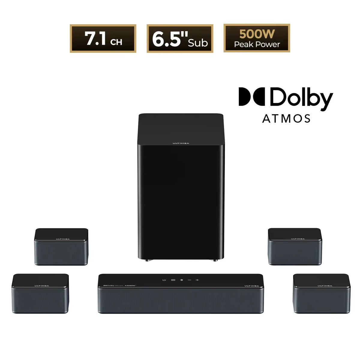 Barra de sonido con subwoofer negro y altavoces satélite del sistema 7.1