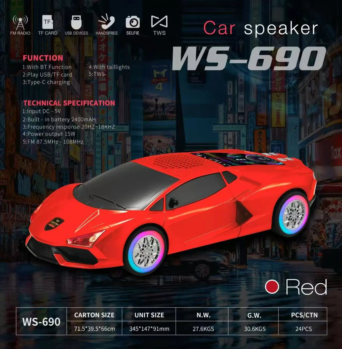 Altavoz Bluetooth modelo coche WS-690, altavoz inalámbrico portátil con luz LED, radio FM, tarjeta TF, reproducción USB, decoración de escritorio