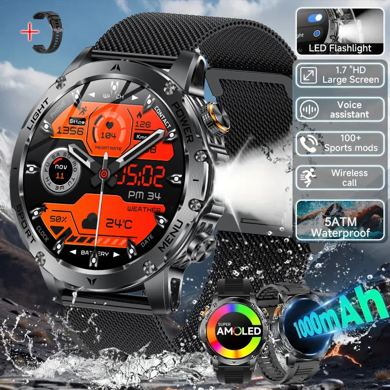 Reloj inteligente deportivo para exteriores con GPS 2026, pantalla AMOLED para hombre, linterna LED, frecuencia cardíaca, resistente al agua, llamada Bluetooth, 1000 mAh
