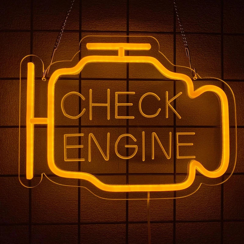 Señal de neón LED para pared 'CHECK ENGINE' con aro amarillo