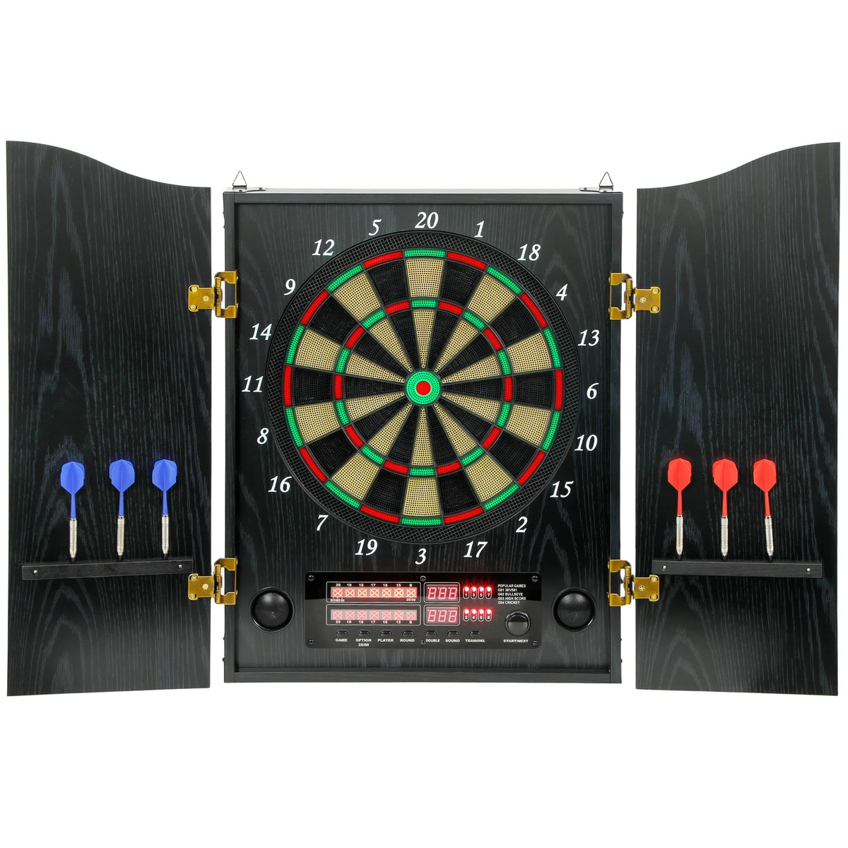 Sportnow Electronic Dart Board with 6 Soft Tip Darts and 24 Replacement Tips 2 Led Screens Voice Announcements up to 8 Players Wall Dart Board with 25 Games 202 Variations Wooden Doors
