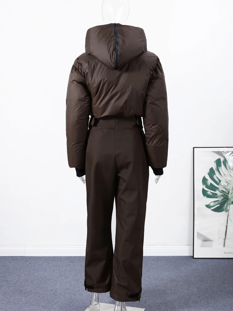Mono de esquí con capucha para mujer, cuello alto, cierre de cremallera, manga larga, cintura alta, de algodón, cálido para invierno 2026.