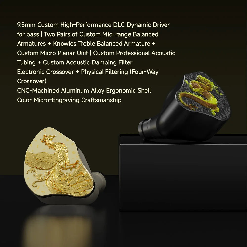 Auricular intrauditivo negro con carcasa de aluminio y dragón dorado grabado.