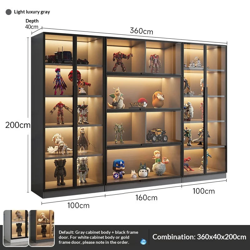 Vitrina de cristal templado personalizada de cualquier tamaño, con luz LED, almacenamiento escalonado de gran capacidad, marco de aluminio, a prueba de polvo, para sala de estar y hogar