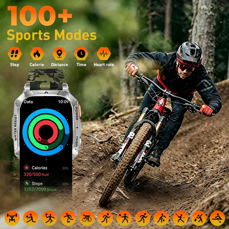 Reloj inteligente militar LIGE de 1400 mAh con batería de larga duración, pantalla HD de 2.01", linterna LED y luz SOS, llamadas BT y monitor de salud para hombre