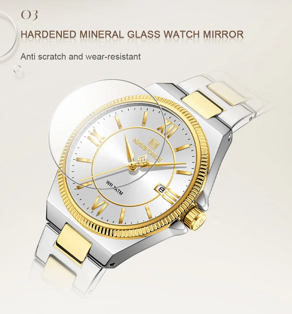 NAVIFORCE Women's Casual Stainless Steel Watch 3ATM Waterproof Date Display Classic Casual Daily Wristwatch Reloj Mujer Gift Box
