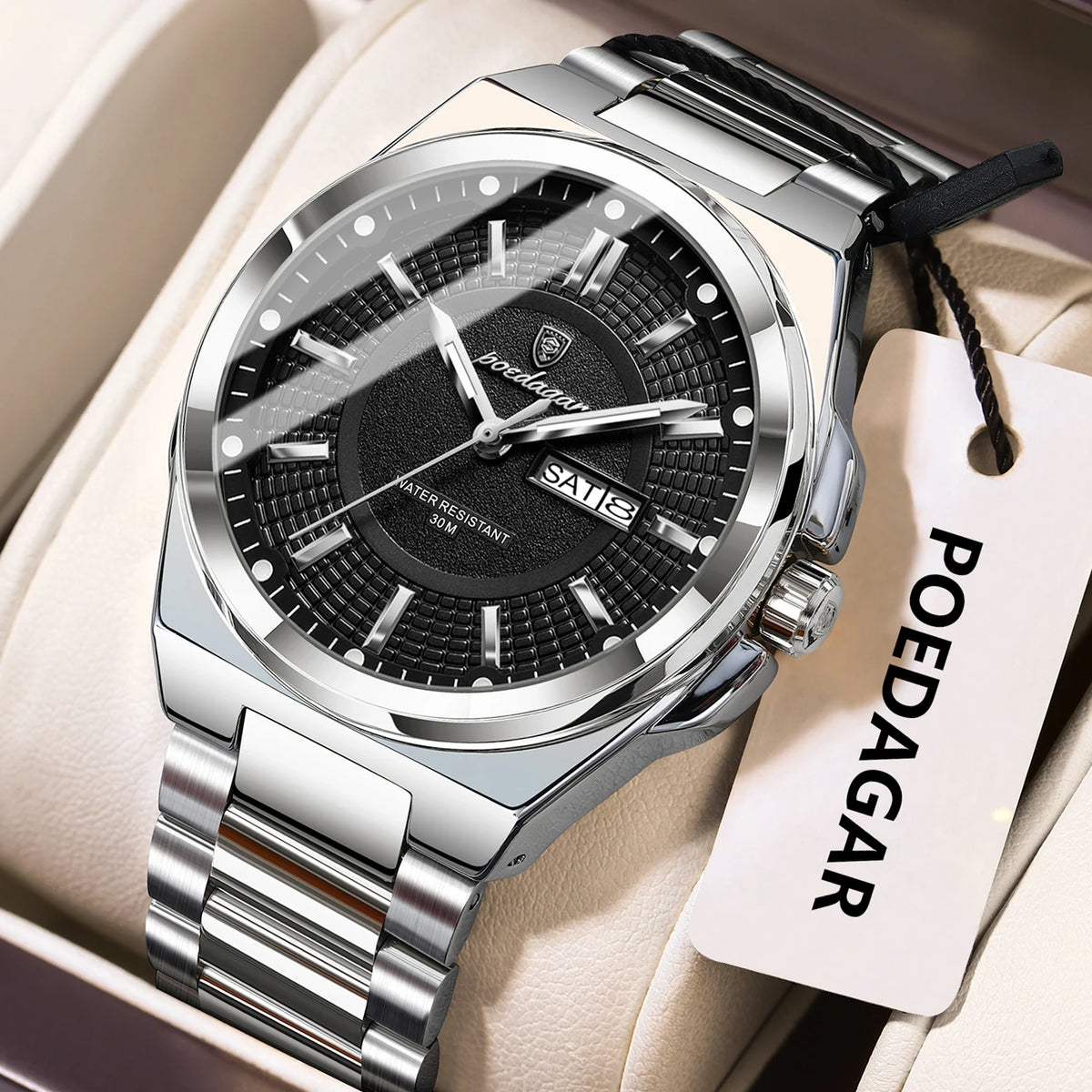 Reloj de pulsera deportivo original POEDAGAR para hombre, de cuarzo, fecha, semana, de lujo, resistente al agua, luminoso, de acero inoxidable