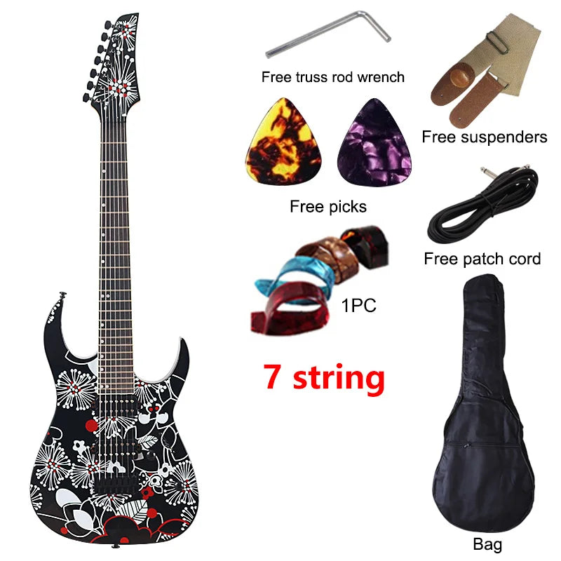 Guitarra Eléctrica de 7 Cuerdas, 39 Pulgadas, Cuerpo de Madera de Tilo con Diseño Floral Negro, Mástil de Arce Canadiense, Acabado Brillante, Envío Gratuito a Estados Unidos