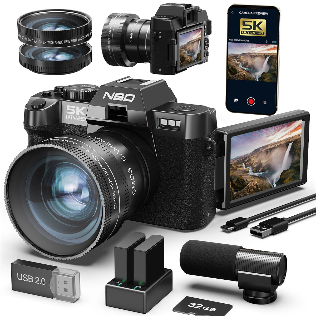 Cámaras Digitales NBD de 48MP y 4K para Fotografía, Cámaras de Viaje para Vlogging con Zoom Digital de 16X y 180° ° Pantalla abatible de 52 mm, lente macro, micrófono, batería de larga duración, regalo