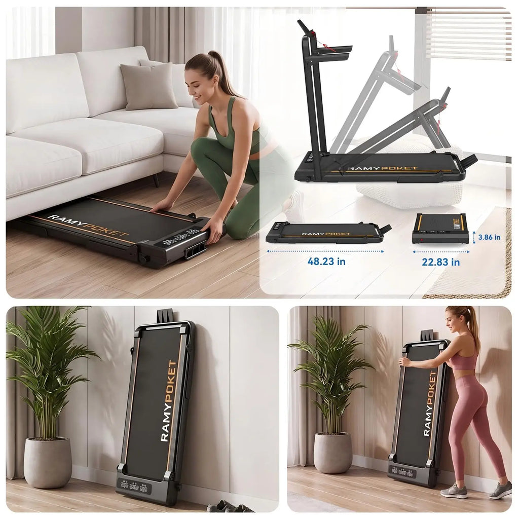 Caminadora plegable Ramypoket con inclinación del 15 %, velocidad máxima de 12 km/h, control mediante aplicación y pantalla LED, caminadora para oficina con capacidad máxima de carga de 150 kg.