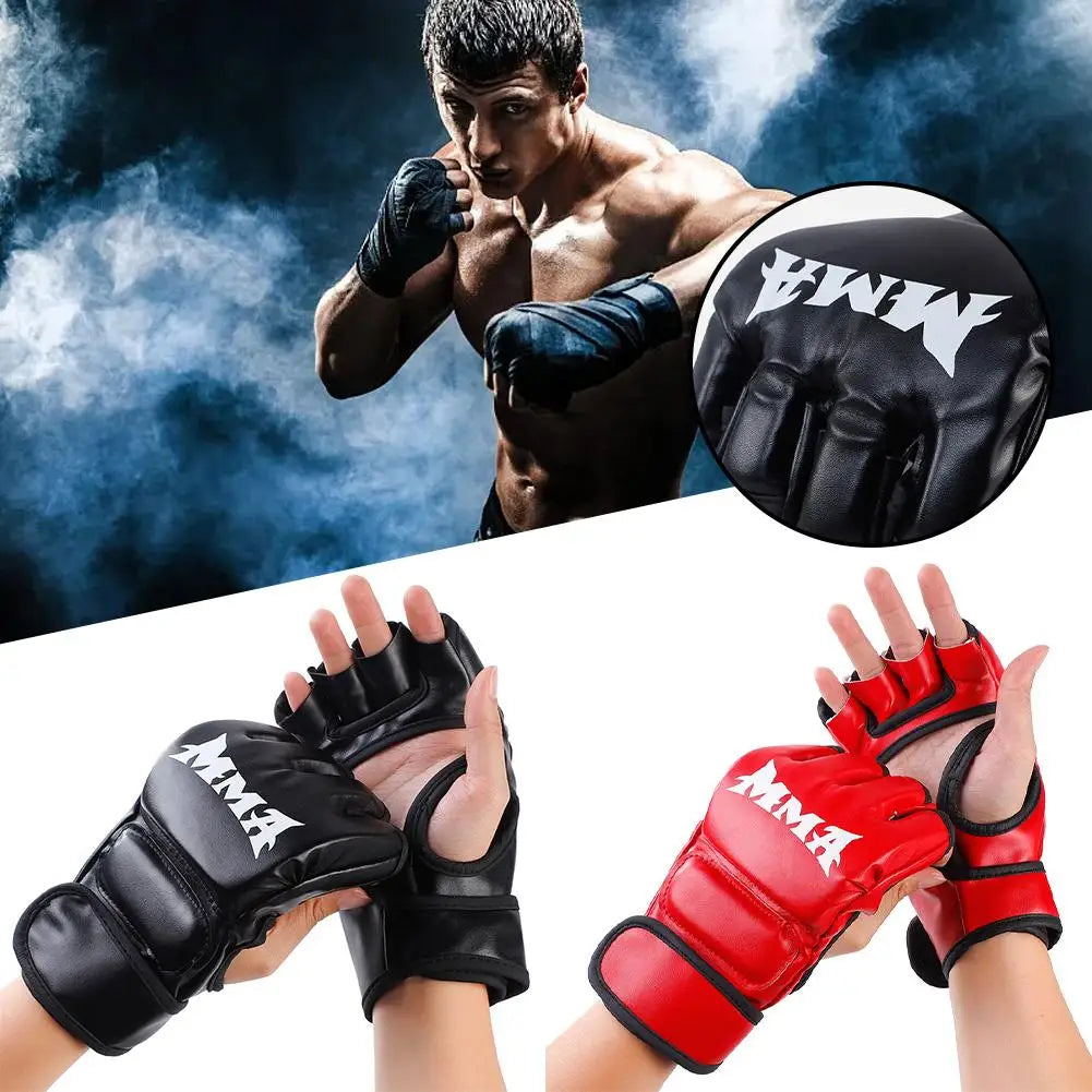Guantes de entrenamiento de boxeo profesionales de medio dedo con cojín de cuero para adultos, para Sanda, boxeo, UFC, entrenamiento con saco de arena y protección de nudillos.