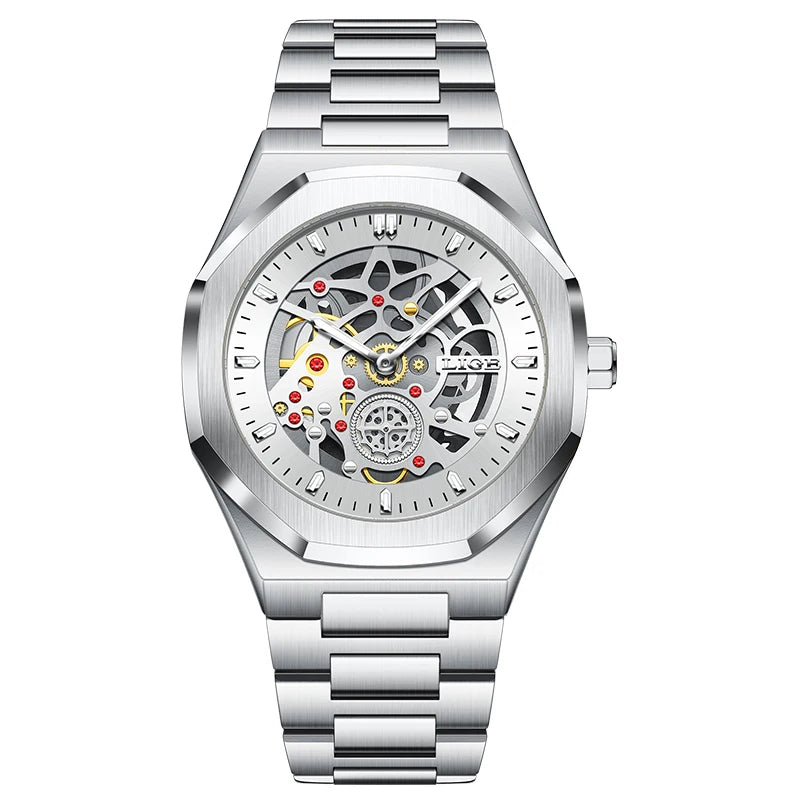 Reloj LIGE de lujo para hombre, diseño esqueleto automático, reloj de pulsera de cuarzo con esfera, impermeable, luminoso, con correa de acero para hombre