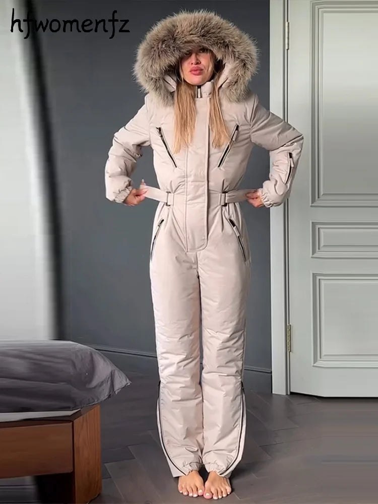 Mono de esquí de una pieza con capucha y parches de piel para mujer, estilo casual, con cinturón, manga larga, cierre de cremallera, mono liso, ropa de esquí para mujer, invierno 2026