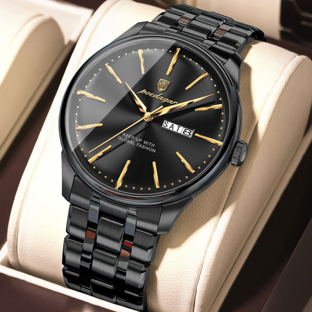 Reloj de cuarzo POEDAGAR para hombre, estilo ejecutivo, resistente al agua, de acero inoxidable, elegante, color dorado, con fecha y día