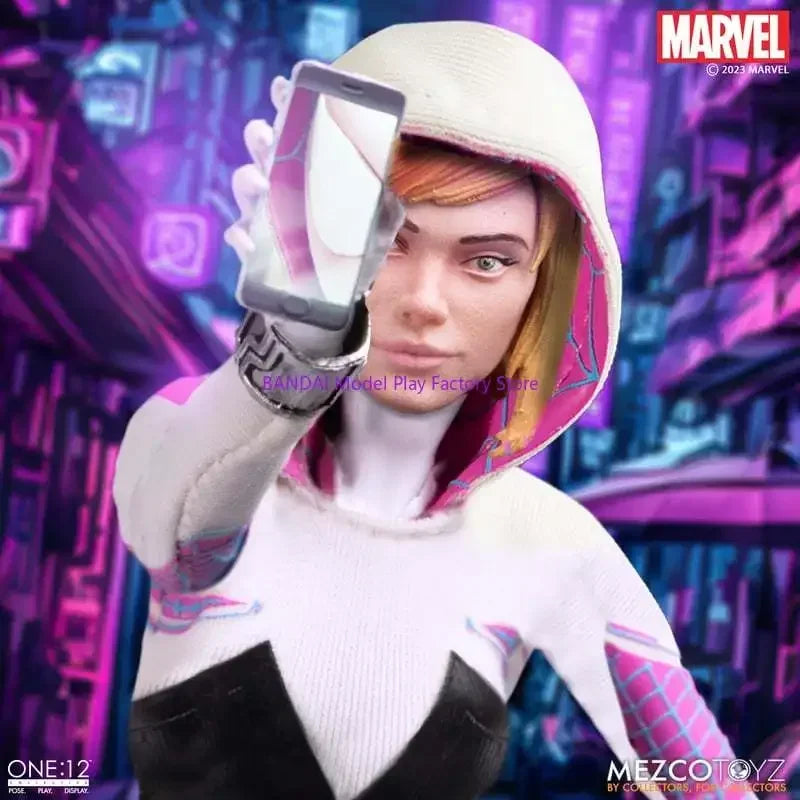Figuras de acción de anime de la colección Spider-Gwen de Ghost Spider, a escala 1:12, de Mezco Toyz Comics. Disponibles en stock.