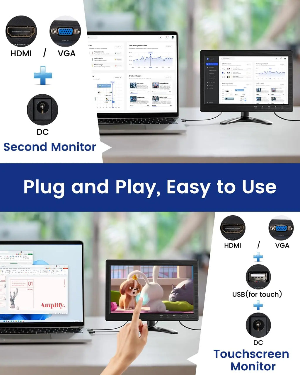 Monitor táctil Eyoyo de 10 pulgadas con pantalla IPS de 1366x768, monitor de escritorio táctil de 10 puntos con altavoz, entradas HDMI, VGA y AV, carcasa metálica, compatibilidad con VESA 75x75, para Raspberry Pi/POS