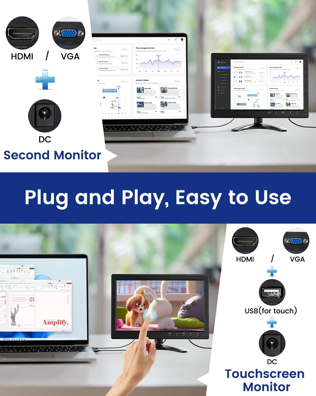 Monitor táctil Eyoyo de 10 pulgadas con pantalla IPS de 1366x768, monitor de escritorio táctil de 10 puntos con altavoz, entradas HDMI, VGA y AV, carcasa metálica, compatibilidad con VESA 75x75, para Raspberry Pi/POS