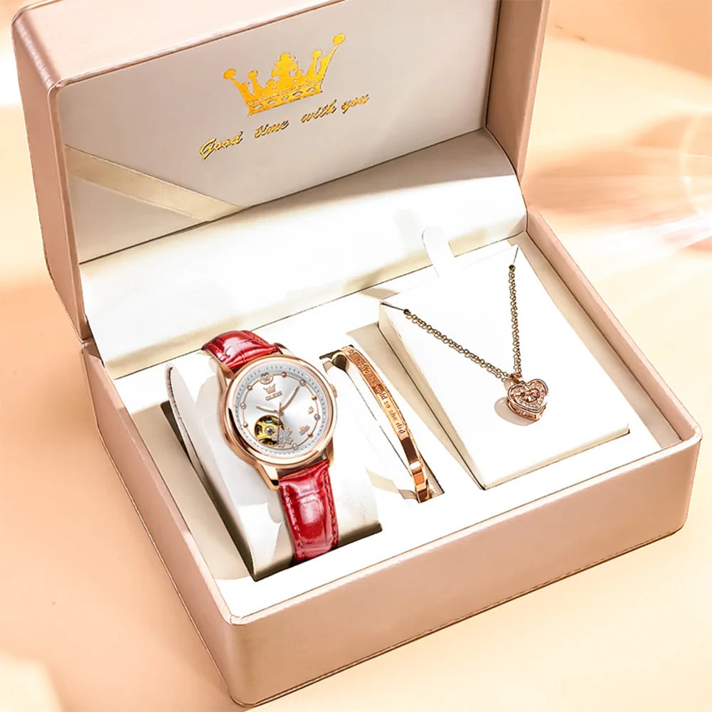 Relojes OLEVS para mujer, reloj mecánico automático original de lujo a la moda, con pulsera y collar en caja de regalo, tendencia nueva