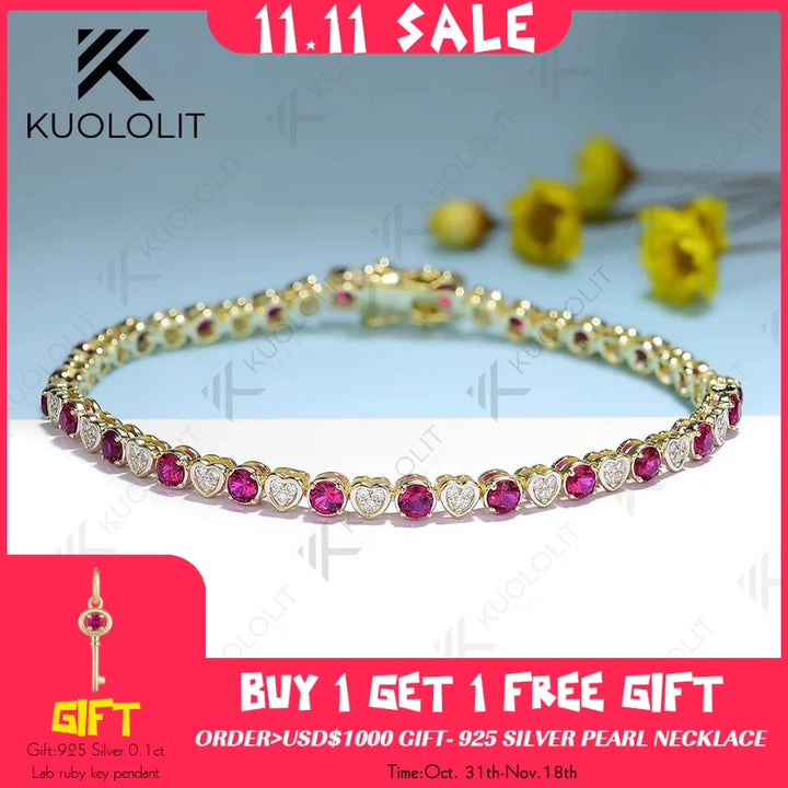 Kuololit Pulsera de tenis de rubí cultivada en laboratorio para mujeres y hombres, pulsera de moissanita de oro amarillo sólido de 18 quilates, 14 quilates, 10 quilates, 585 para regalos de navidad