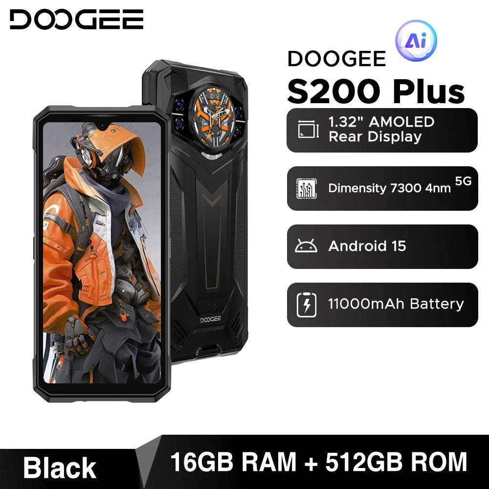 Estreno mundial del teléfono inteligente ultra resistente DOOGEE S200 Plus 5G con IA, Dimensity 7300, pantalla trasera de 1,32", 12+512 GB, pantalla de 6,72" y batería de 10100 mAh