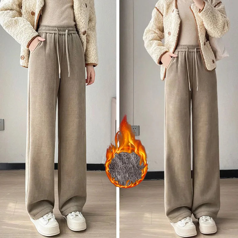 Pantalones térmicos de felpa para niñas, de cintura alta, ideales para el invierno, pantalones de terciopelo cálidos para la nieve, pantalones de mujer, de diseño moderno, cómodos y de corte recto.