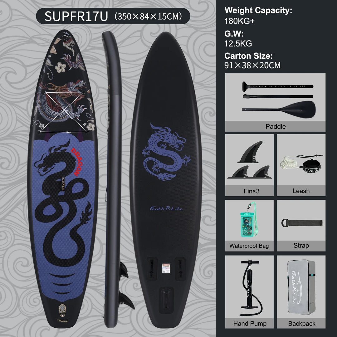 SUP hinchable Funwater SUPFR17U, 350x84x15 cm, 180 kg+, tabla de paddle surf negra y morada con diseño de dragón para yoga, pesca y paseos por lagos y bahías tranquilas, kit de accesorios incluido