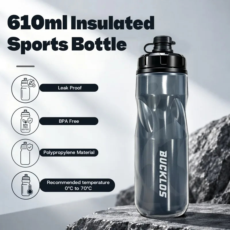 Botella de agua aislada para bicicleta BUCKLOS, 610 ml, sin BPA, con protección contra el hielo, botella de agua con sistema de apretar, a prueba de fugas, para bicicleta de carretera.