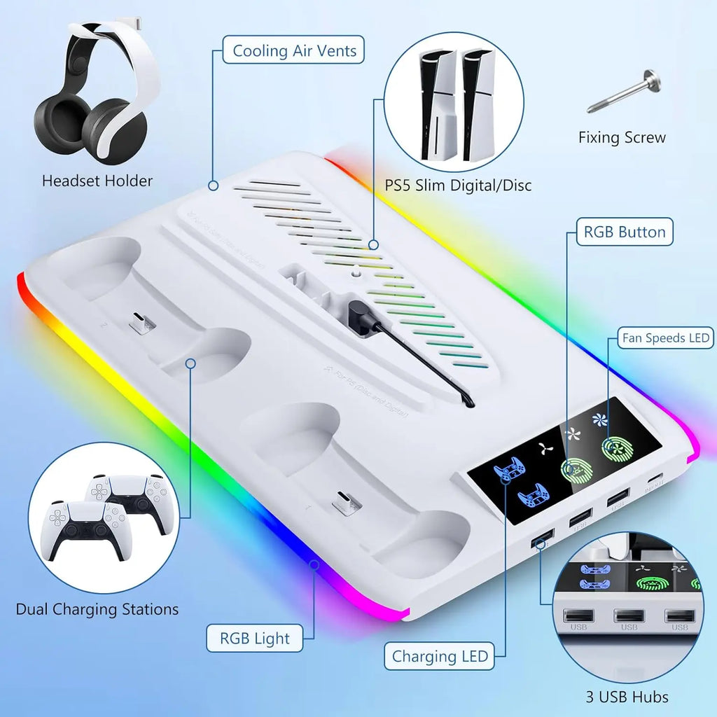 Base de refrigeración con estación de carga para mando LED para PS5/Slim/Pro, ventilador de refrigeración de 3 velocidades, accesorios para consola PlayStation 5