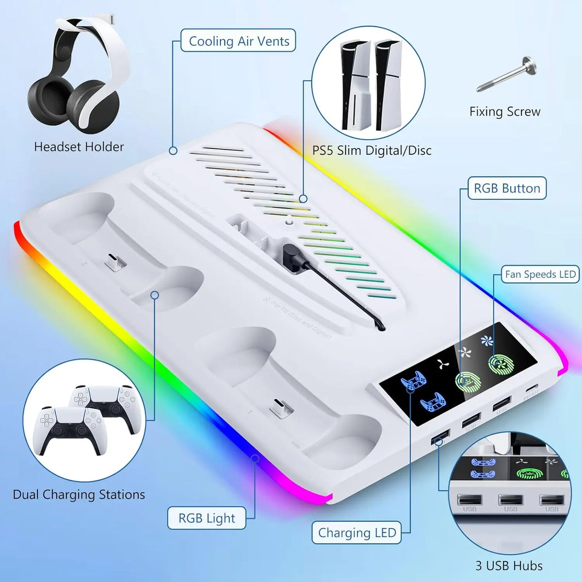Base de refrigeración con estación de carga para mando LED para PS5/Slim/Pro, ventilador de refrigeración de 3 velocidades, accesorios para consola PlayStation 5