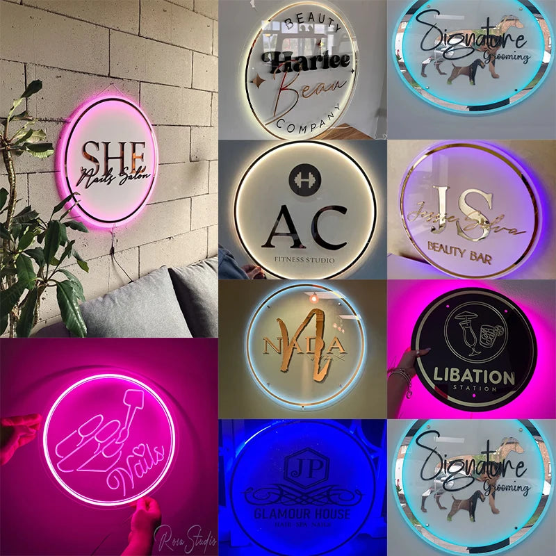 Letreros circulares LED de acrílico con diseños neón en rosa, azul y morado.