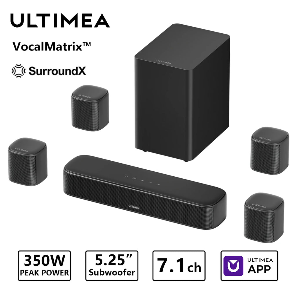 Barra de sonido 7.1 negra con subwoofer y 4 satélites, control por app