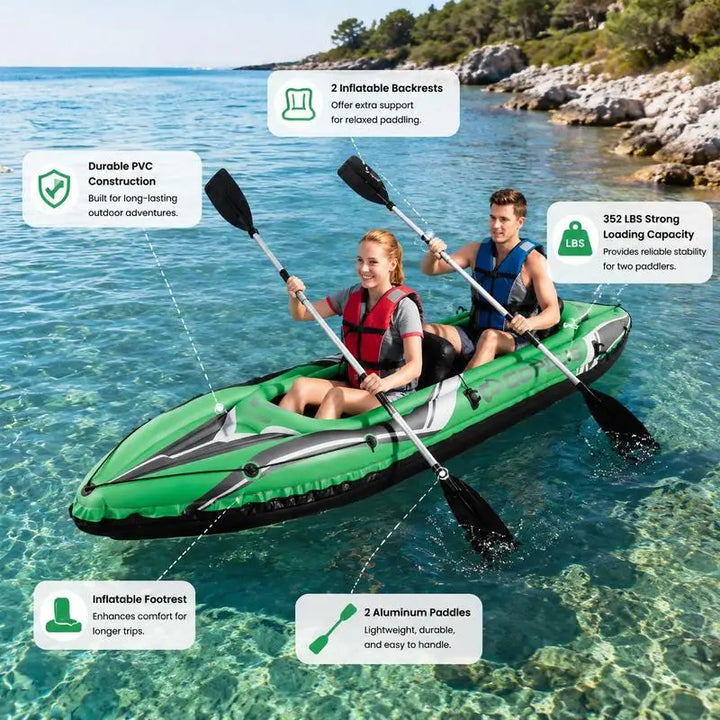 Kayak Inflable de 11.5 Pies para 2 Personas, Resistente, con Palas de Aluminio - Verde