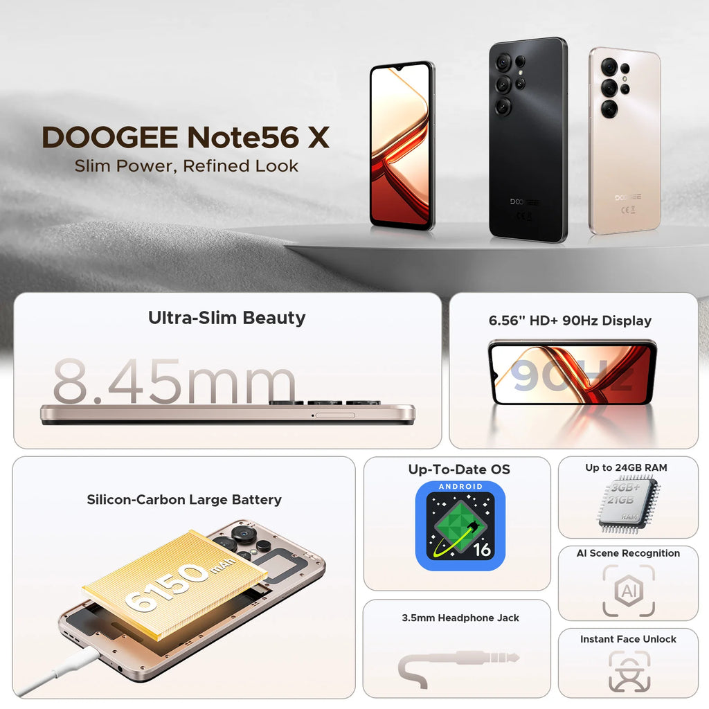 Versión Global DOOGEE Note56 X Smartphone Android 16 24GB RAM(3GB+21GB) 64GB ROM Pantalla de 6.56'' Batería de 6150mAh Teléfono Móvil