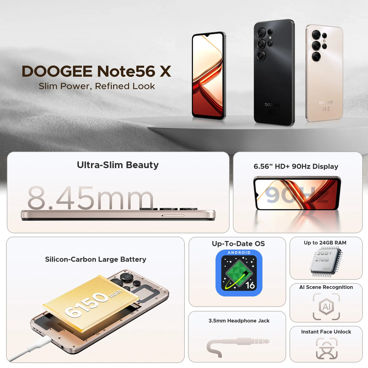 Versión Global DOOGEE Note56 X Smartphone Android 16 24GB RAM(3GB+21GB) 64GB ROM Pantalla de 6.56'' Batería de 6150mAh Teléfono Móvil