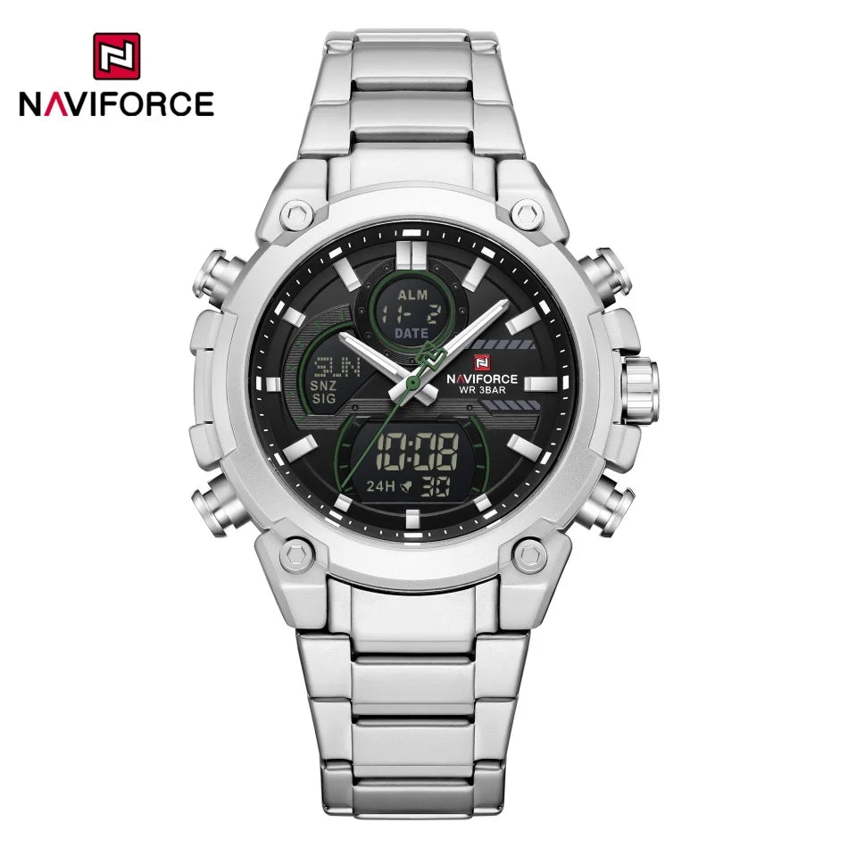 Nuevo reloj para hombre NAVIFORCE, resistente al agua, con cuenta regresiva, deportes, doble pantalla, reloj de pulsera de cuarzo, LCD, luminoso, alarma y reloj digital.