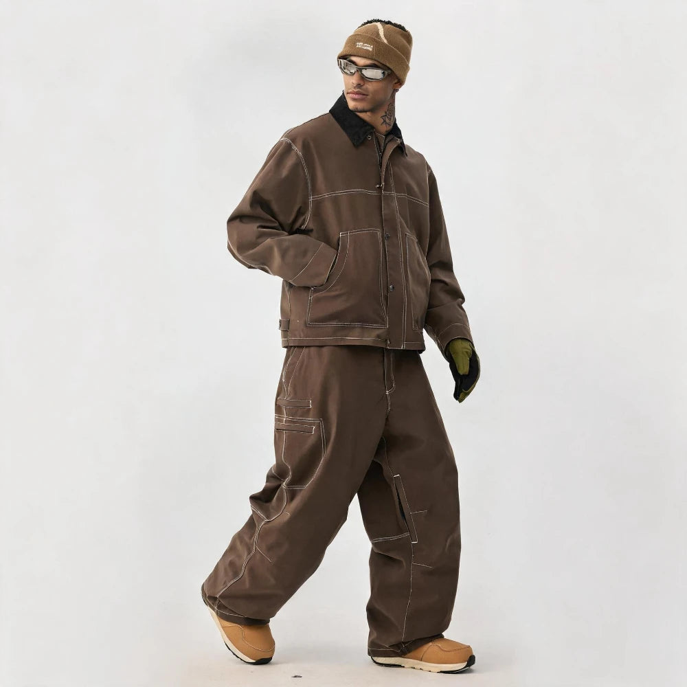 GSOU SNOW Traje de esquí americano holgado, ropa de invierno a prueba de viento, cálida, de talla grande, conjunto de chaqueta y pantalones de snowboard con bloques de color, súper holgado