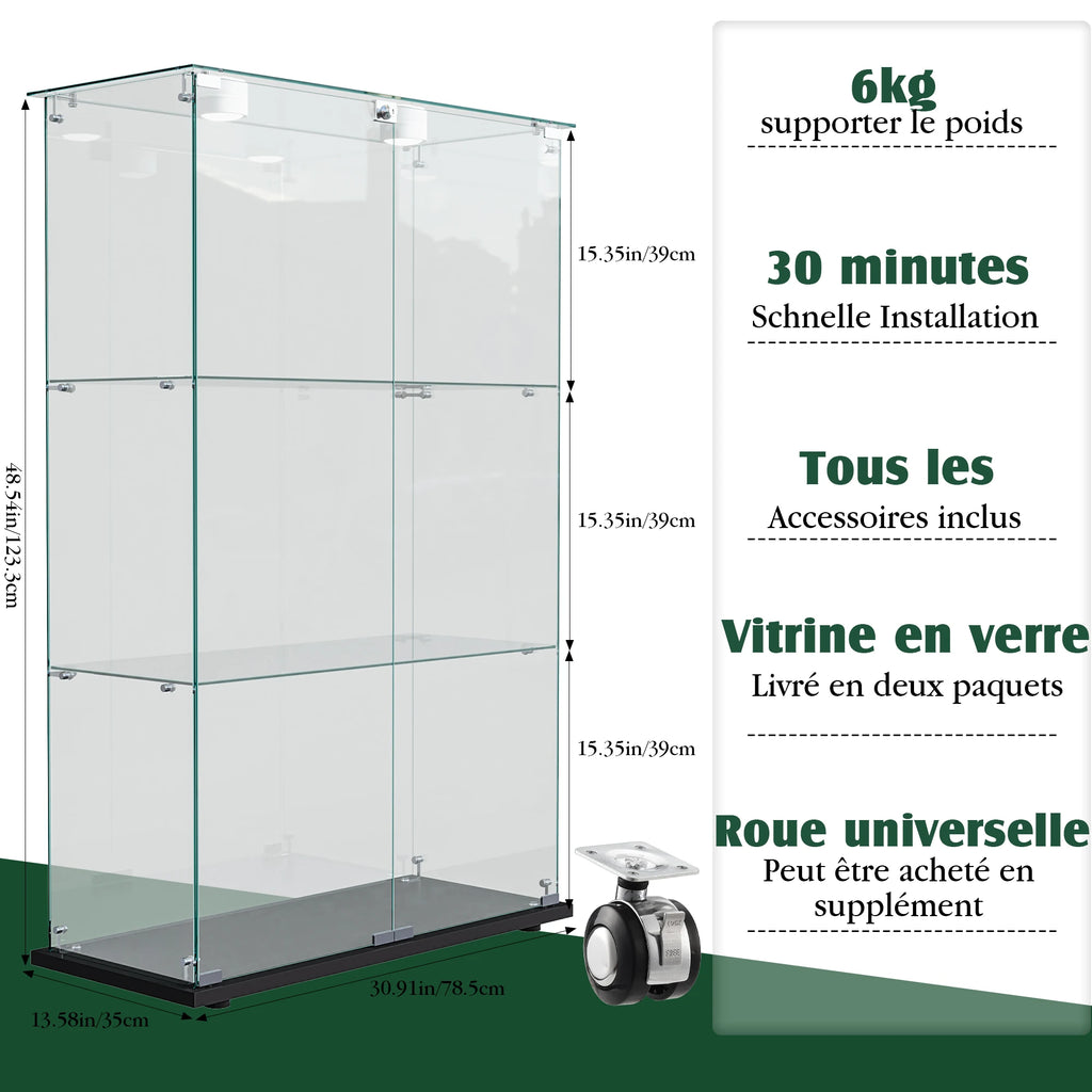 Glass Display Cabinet with LED Lighting, Standing Glass Display Cabinet with 3 Glass Shelves and 2 Glass Doors, Lockable, Display Cabinet for Living Room, Office, Collectibles, Books, Wine, White