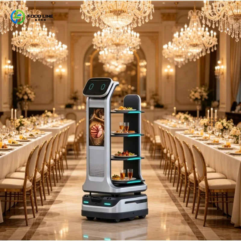 Robot de reparto de alimentos blanco con compartimentos y pantalla superior