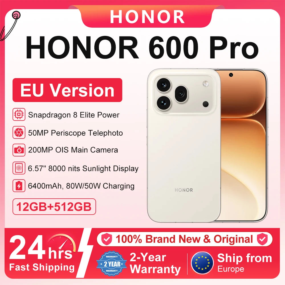 Smartphone Honor 600 Pro 5G Versión UE Snapdragon 8 Elite Pantalla AMOLED de 6,57” 6400 mAh Supercharge 80 W Inalámbrica 50 W 12 GB+512 GB 200 MP IA Ultra Night Diseño Unibody de Metal eSIM Botón IA NFC