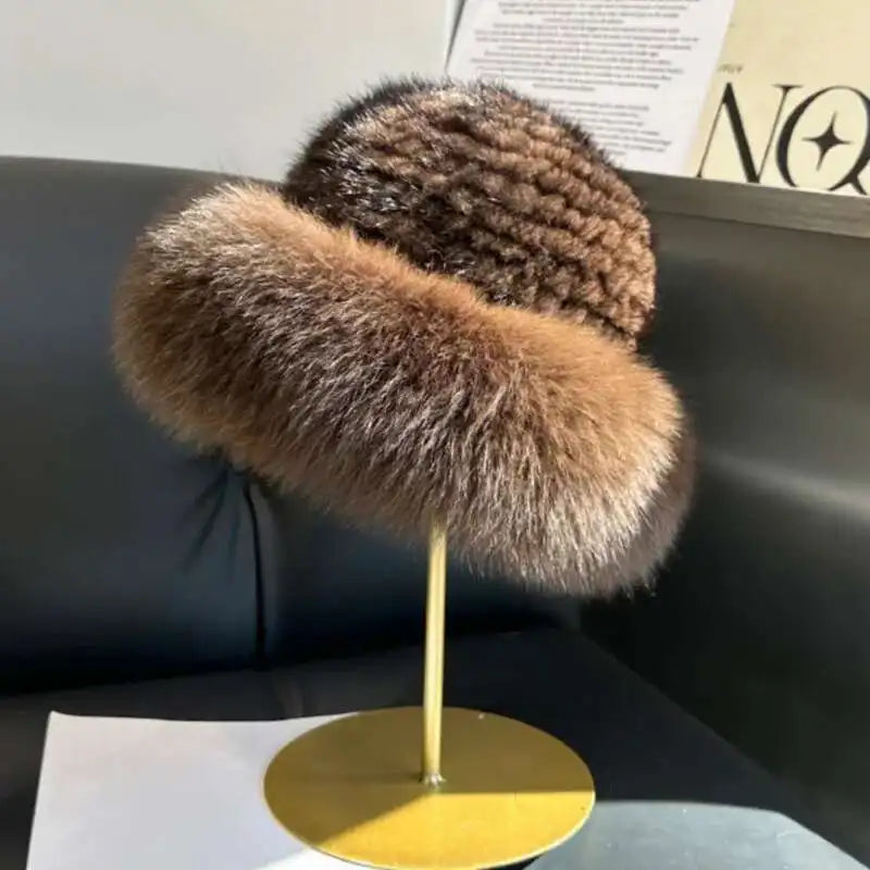 Gorro de piel de visón auténtica para mujer, gorro de pescador a la moda de invierno, gorro de piel de visón Natural con gorros de piel de zorro, gorro de bombardero de punto ruso