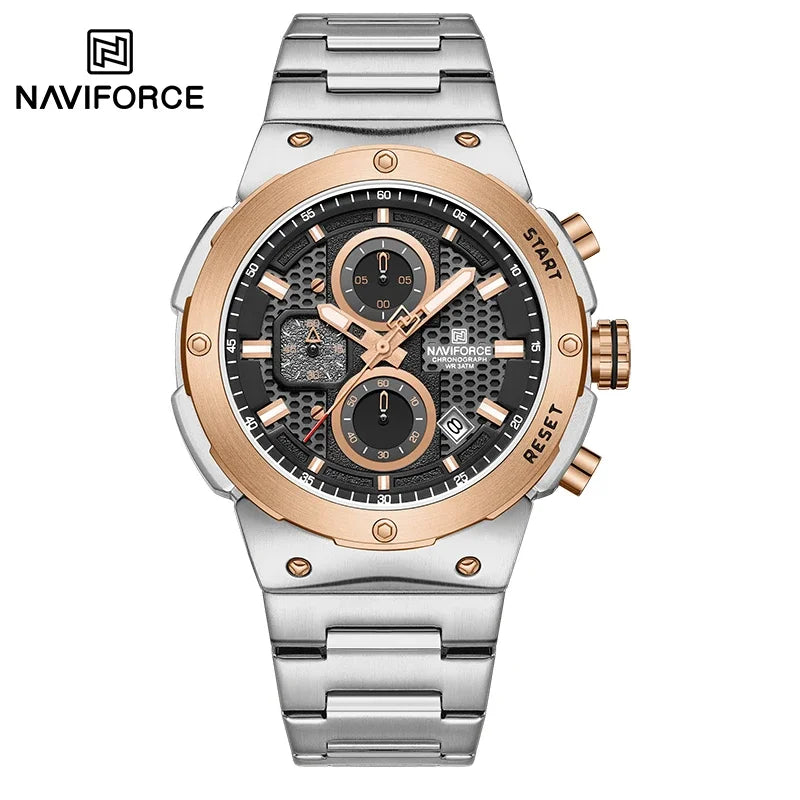 Reloj NAVIFORCE de lujo para hombre, con cronógrafo de cuarzo, luminoso, calendario, resistente al agua, de acero inoxidable, estilo deportivo y militar.
