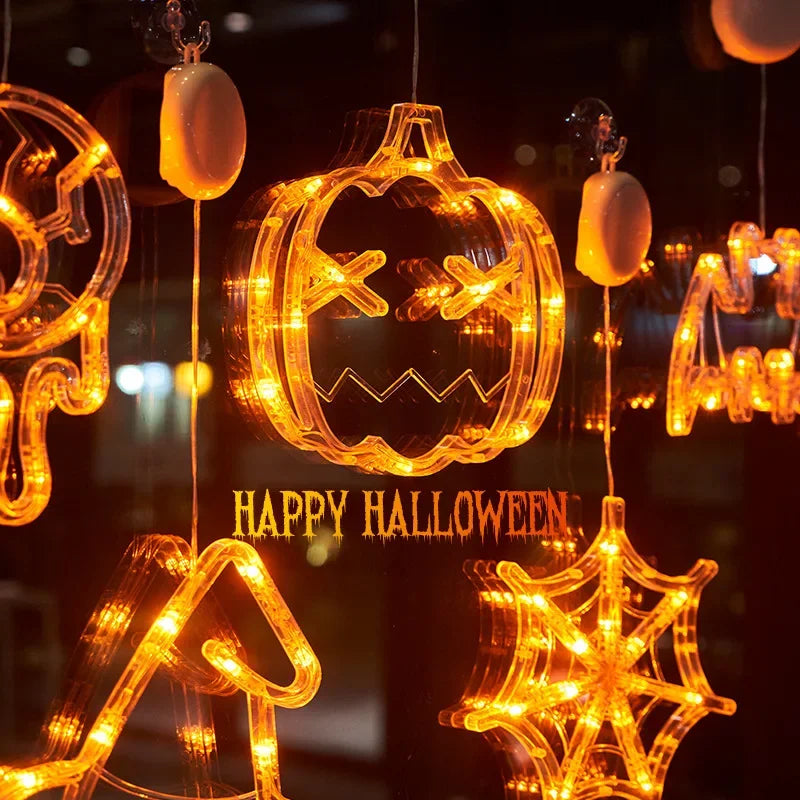 Decoración de Halloween, fantasma de calabaza naranja, luz de ventana de Halloween con ventosa, funciona con pilas, decoración colgante para el hogar de Halloween