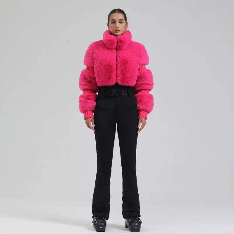GSOU SNOW Trajes de esquí para mujer Traje de nieve de una pieza Snowboard Piel sintética Mono delgado Aislamiento general A prueba de viento Invierno al aire libre