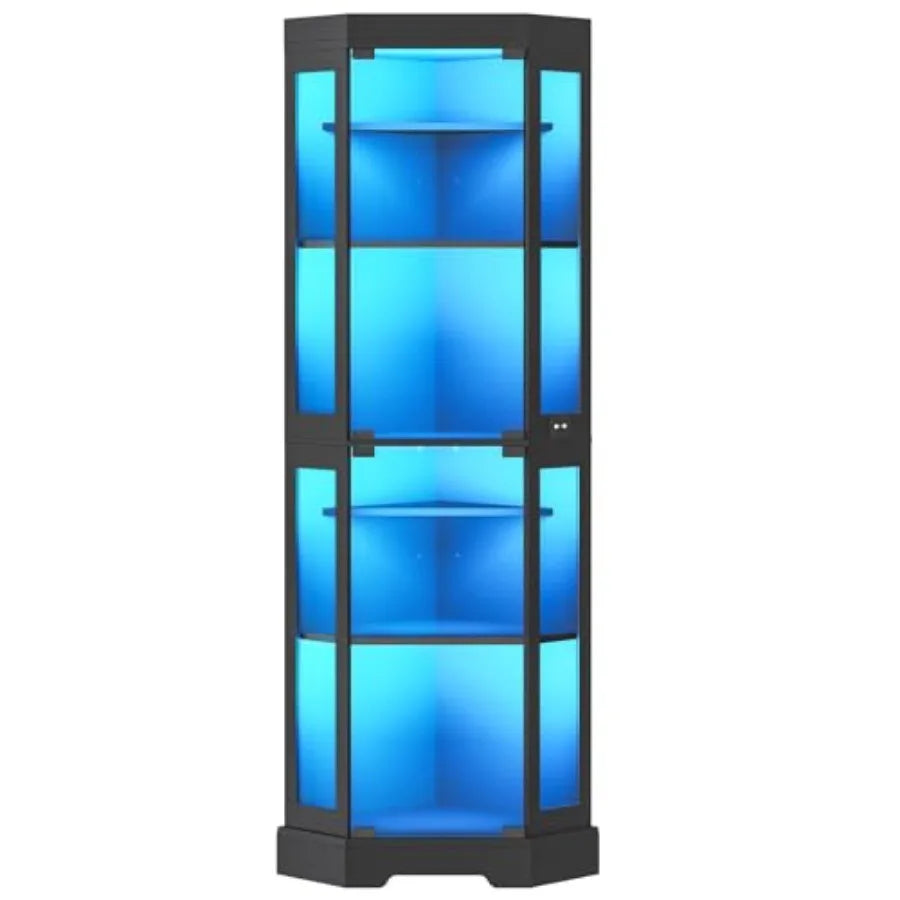 Vitrina esquinera negra de 6 niveles con puertas de vidrio templado y luz LED azul.
