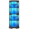 Vitrina esquinera negra de 6 niveles con puertas de vidrio templado y luz LED azul.
