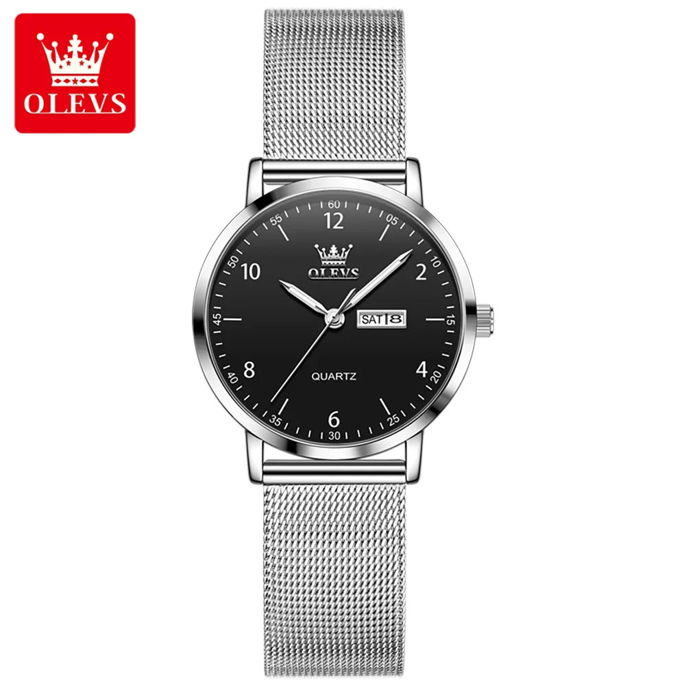 Relojes OLEVS para mujer, correa de acero de malla, reloj de pulsera de cuarzo con esfera digital de moda, fecha, día, impermeable, reloj elegante para dama 2996