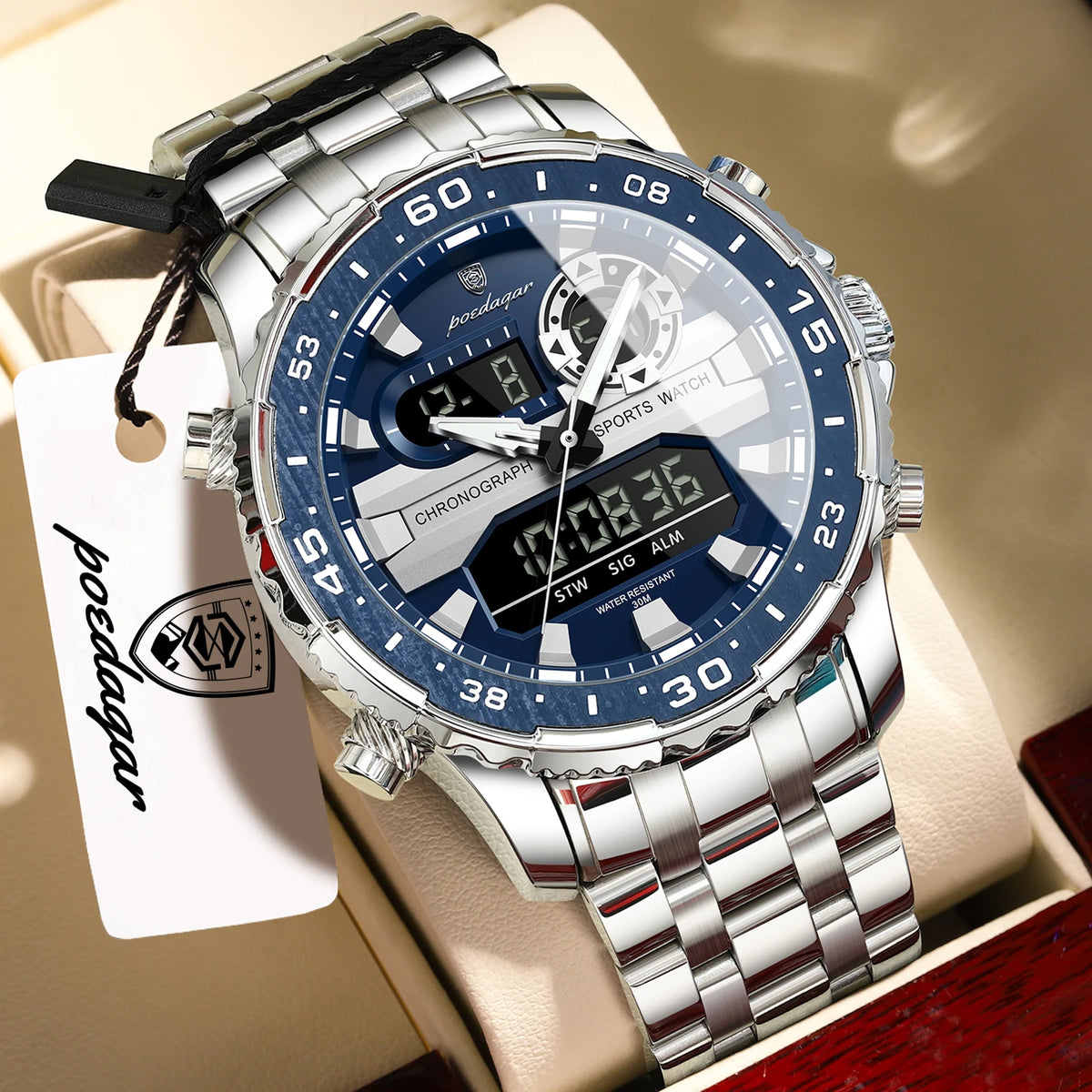 Reloj de cuarzo para hombre POEDAGAR, con fecha y día, pantalla LED electrónica, luminoso, estilo juvenil, con doble hora, reloj deportivo digital para hombre