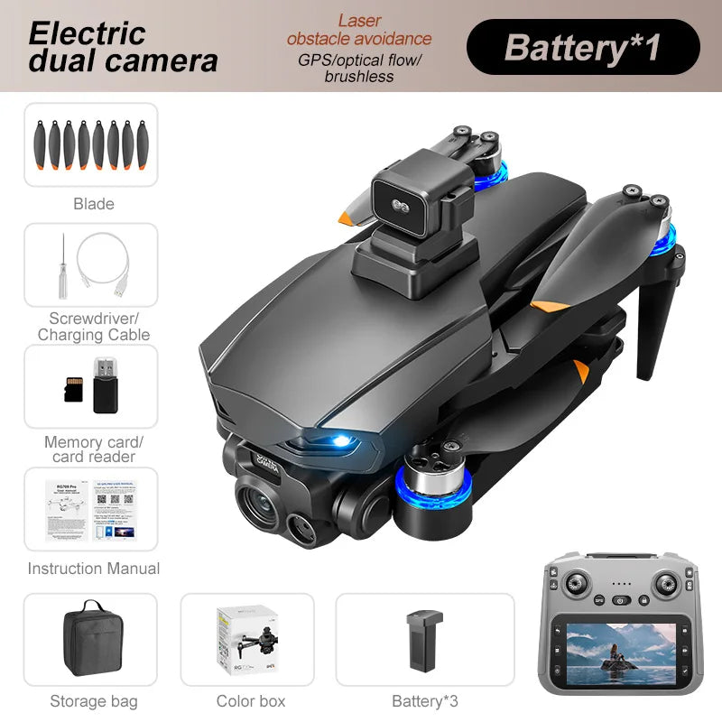 Kit de dron con dron negro y control, más accesorios ilustrados como bolsa y memoria.