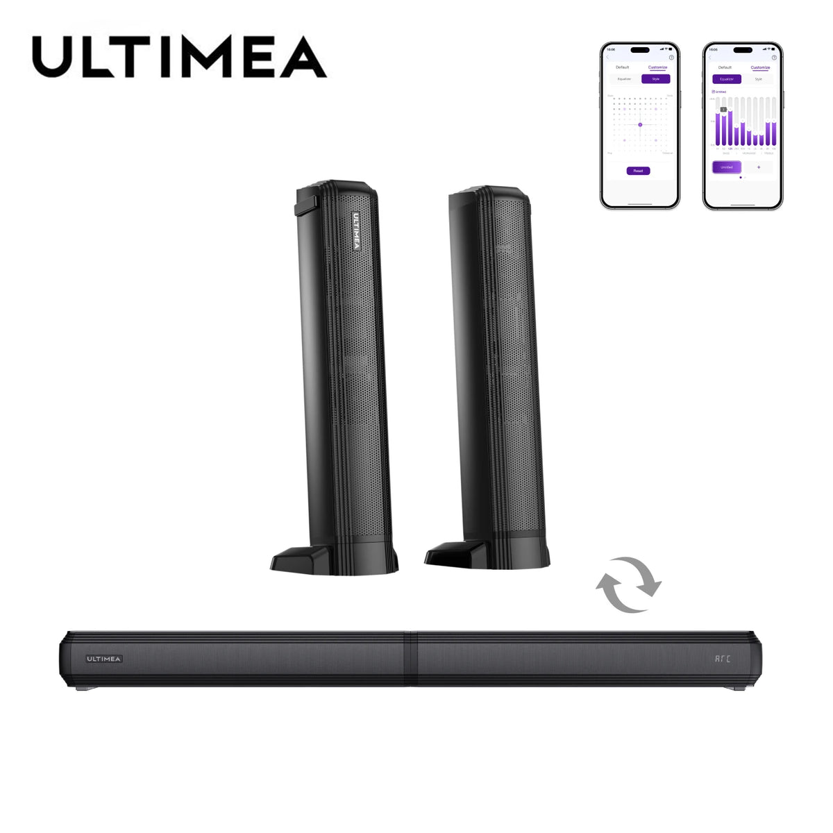 Barra de sonido ULTIMEA negra con dos altavoces desmontables, vista frontal y lateral