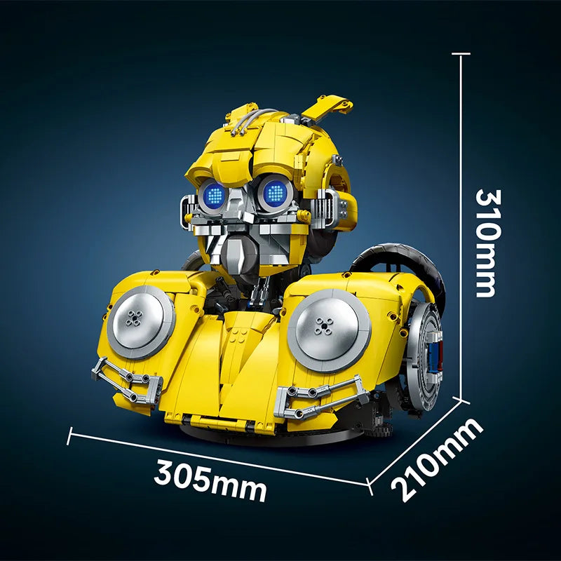 Robot mech amarillo con ojos LED azules; medidas 305x210x310 mm